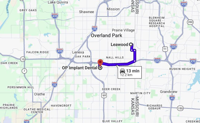 Map-from-Leawood-to-OP-Implant-Dental-in-Overland-Park-KS Map from Leawood to OP Implant Dental in Overland Park KS